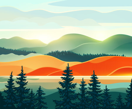 Wildlife landscape stylized as a background, figuratively reminiscent of the nature of the northern latitudes. Raster illustration.の写真素材