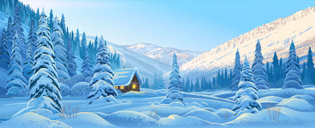 Winter landscape with a lonely house in the winter forest, in the mountains, with snow-covered firs and with mountain slopes illuminated by the winter sun.の写真素材