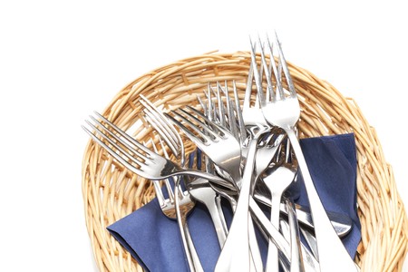 forks in woven basketの写真素材