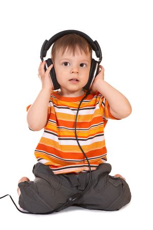 smiling baby with headphonesの写真素材