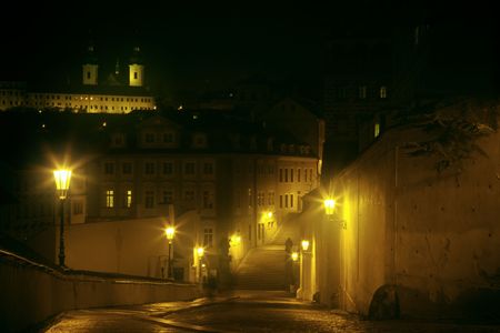 night alley in fog, Prague, Czech Republicの写真素材