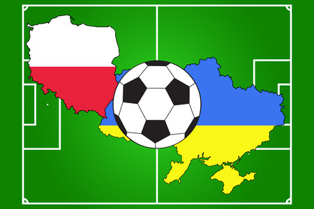 soccer ball with flags of Poland and Ukraine on soccer field backgroundのイラスト素材