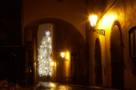 mysterious narrow alley with christmas tree in Pragueの写真素材