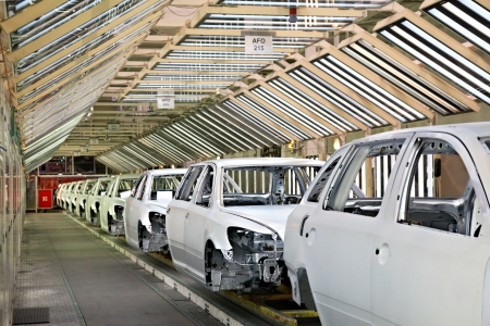 cars in a row at car plantのeditorial素材