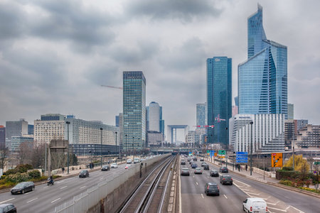 PARIS - APRIL 6:  Business district La Defense is situated at the end of Historical Axis, which...
