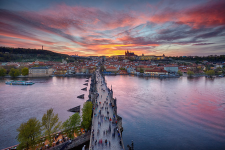sunset over Charles Bridge and Prague Castle, Czech Republicのeditorial素材