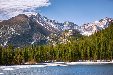 view on mountain from Bear Lake at the Rocky Mountain National Park, Colorado, USAの写真素材