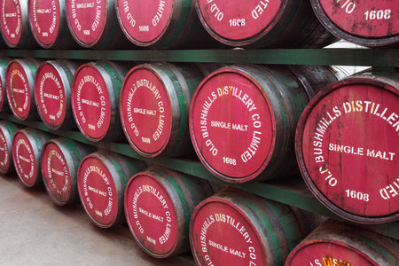 Bushmills, Northern Ireland - June 208, 2017: Barrels with single malt whiskey in Old Bushmills...