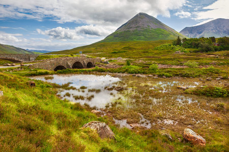 view on the Glamaig mountain from Sligachan old bridge on the Isle of Skye, Scotland, UK