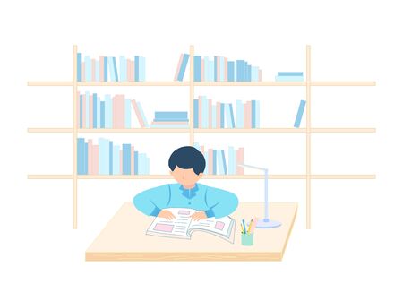 In front of the bookshelf background, a boy sits and looks at the books on the deskの写真素材