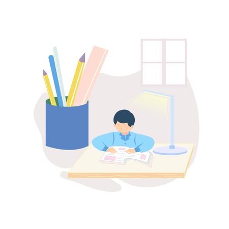 A boy sitting and reading a book illustration on the deskの写真素材