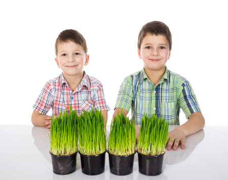 Two cute boys with fresh green grass.
