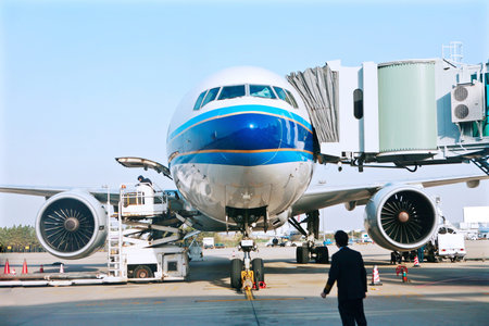 plane parked at the airport waiting for departure  のeditorial素材