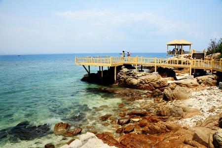 a wooden bridge over the sea のeditorial素材