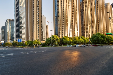empty street in modern city with sunsetのeditorial素材