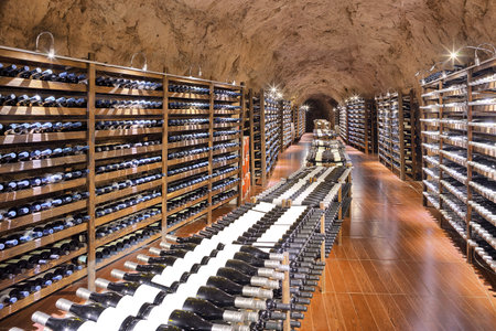 Wine cellar with wine bottle and glasses 