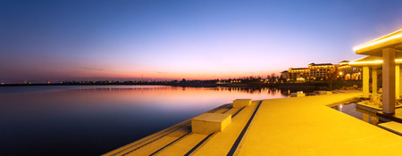 beautiful sunset at the lakeside close to  holiday resortのeditorial素材