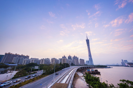 skyline and cityscape of modern city guangzhou during sunset at riversideのeditorial素材