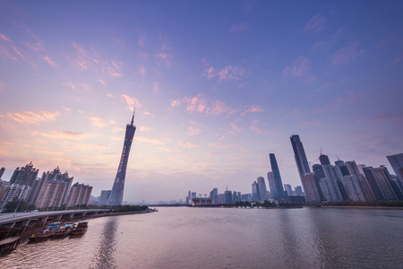 skyline and cityscape of modern city guangzhou during sunset at riversideのeditorial素材