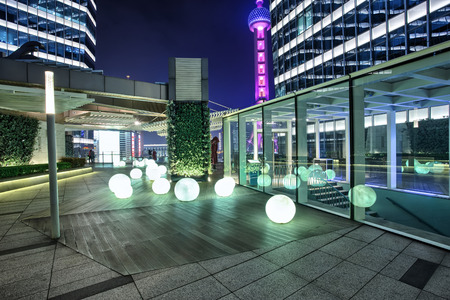 Illuminated building exterior and footpathのeditorial素材