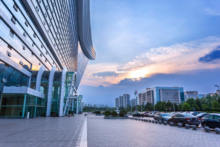 Empty road near modern buildingのeditorial素材