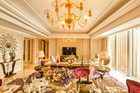 luxury living room and furniture with upscale design and decorationのeditorial素材