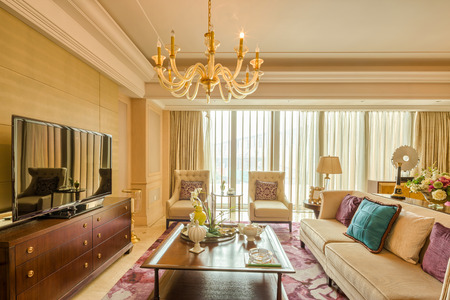 luxury living room and furniture with upscale design and decorationのeditorial素材