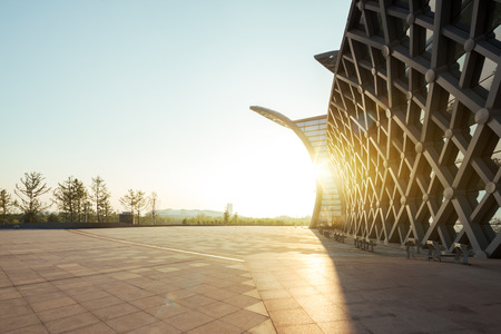 museum close to empty square at duskのeditorial素材