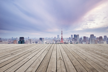 skyline and cityscape of tokyo in ramance sky on view from empty wooden streetのeditorial素材