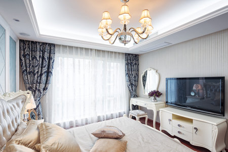 modern bedroom with comfortable bedのeditorial素材