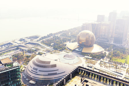 modern office buildings in midtown of hangzhou new city in cloud skyのeditorial素材