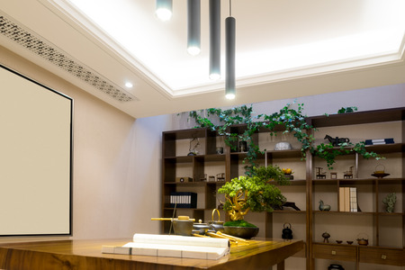 interior of modern study with wood shelfのeditorial素材