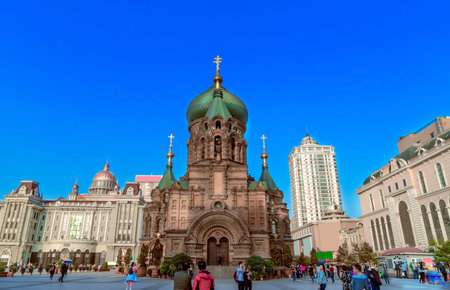 famous harbin sophia cathedral in blue sky from squareのeditorial素材