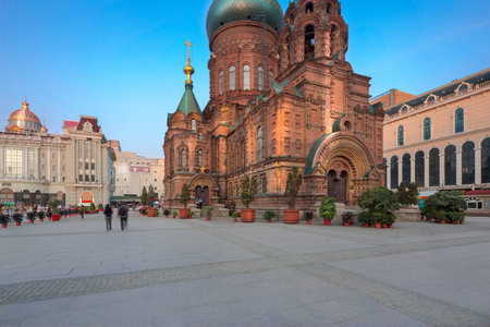 famous harbin sophia cathedral in blue sky from squareのeditorial素材