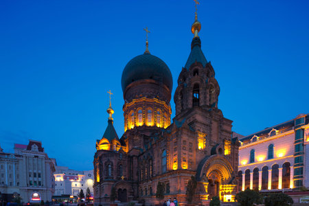 famous harbin sophia cathedral at nightのeditorial素材