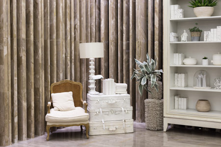 interior of loung with wooden shlef and chairのeditorial素材