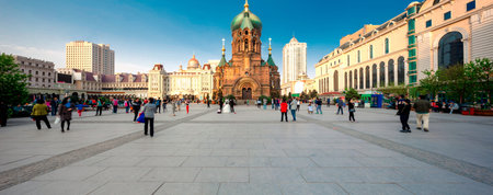 famous harbin sophia cathedral in blue sky from squareのeditorial素材