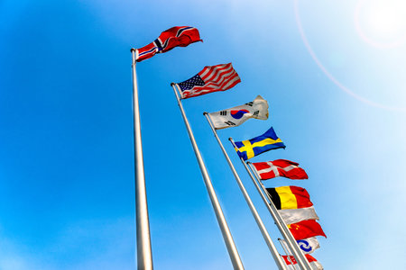 national flags flying in wind