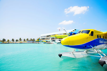 landscape of beautiful tranquil sea with seaplane in sunny sky