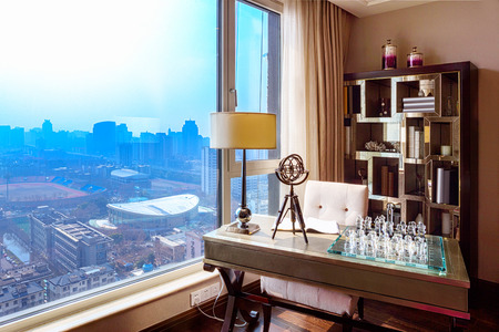 corner of modern bedroom near windowのeditorial素材