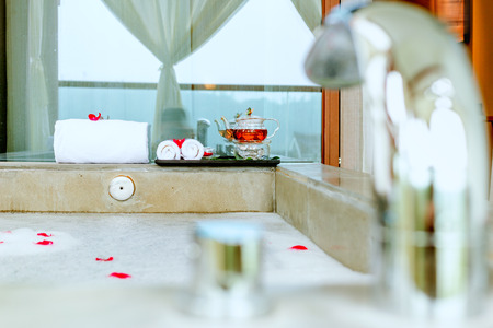 interior of modern bathroom with spa bathtubのeditorial素材