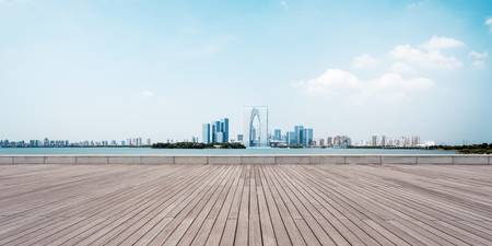 landmark buildings in suzhou from empty wooden floorのeditorial素材