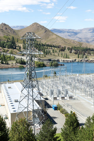 power transmission station near river in summer day in new zealandのeditorial素材