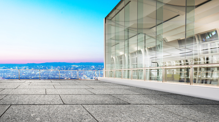 cityscape of modern city at dawn from empty floorのeditorial素材