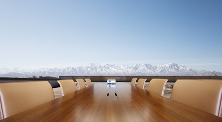 painted conference table with white snow mountain in blue skyのeditorial素材