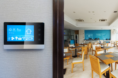 smart screen with smart home and modern cafeteria of hotelのeditorial素材