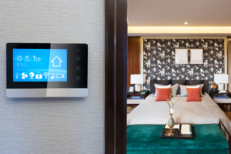 smart screen with smart home and modern bedroomのeditorial素材