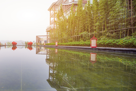 pond between the modern buildingsのeditorial素材