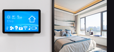 smart home system on intelligence screen on wall and background of modern bedroomのeditorial素材