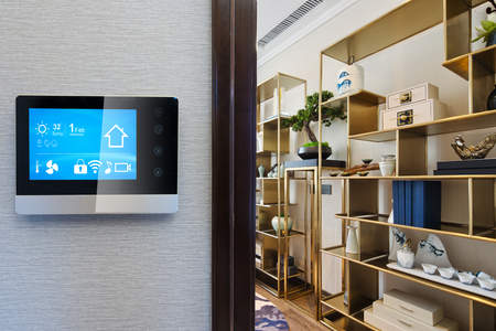smart home system on intelligence screen on wall and background of modern living roomのeditorial素材